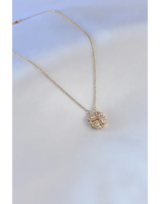  Altın  Açılır Yonca Model Zirkon Taşlı  Çelik Kolye