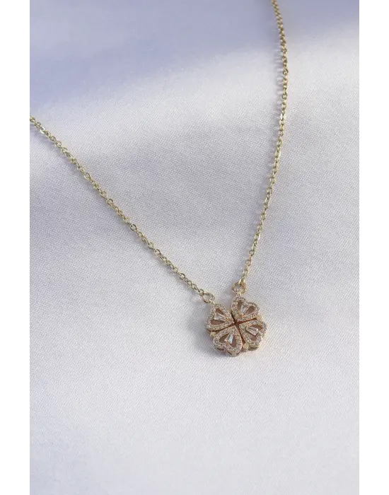  Altın  Açılır Zirkon Taşlı Yonca Model  Çelik Kolye