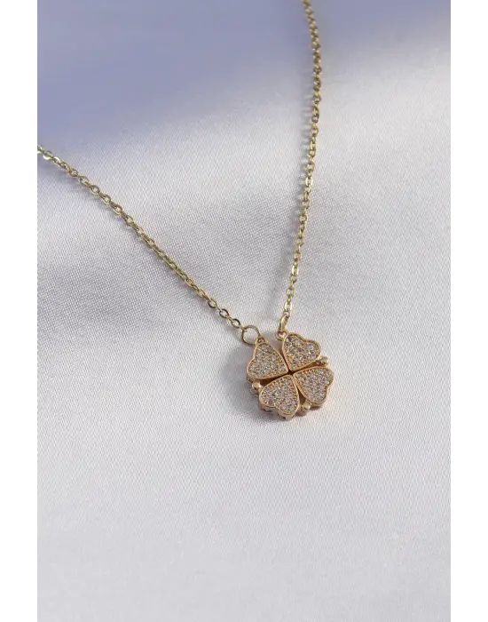 Altın Açılır Zirkon Taşlı Yonca Model Çelik Kolye