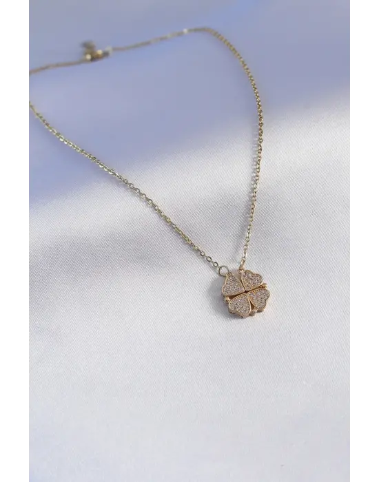 Altın Açılır Zirkon Taşlı Yonca Model Çelik Kolye