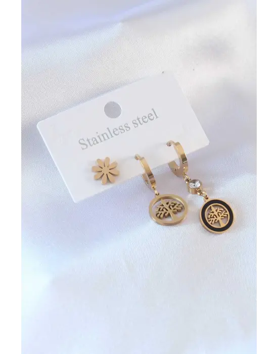 316L Çelik Gold renk Ağaç Model Çiçek Detay Zirkon Taşlı Kadın Küpe