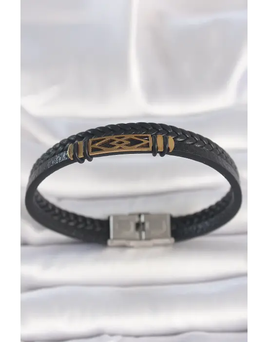 316L Çelik Gold Renk Aksesuarlı Çift Sıra Siyah Burgu Desenli Deri Kordon Erkek Bileklik