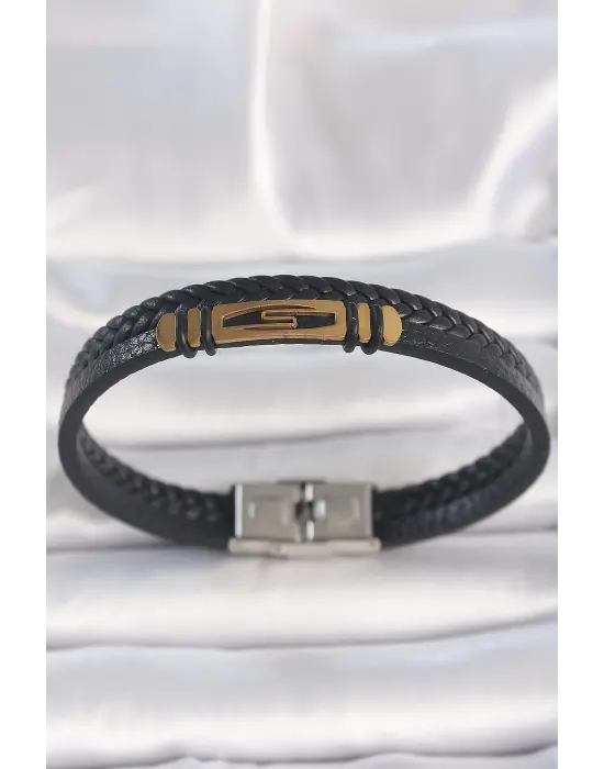 316L Çelik Gold Renk Aksesuarlı Çift Sıra Siyah Burgu Desenli Deri Kordon Erkek Bileklik
