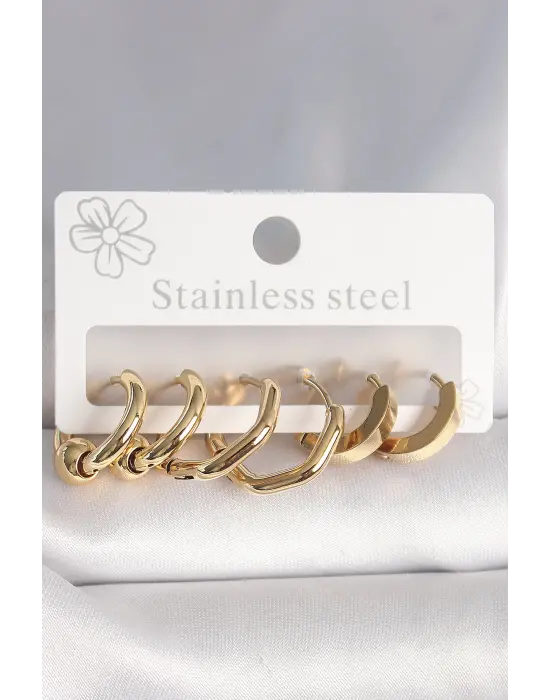 316L Çelik Gold Renk Altıgen Halka Model Kadın Küpe Seti