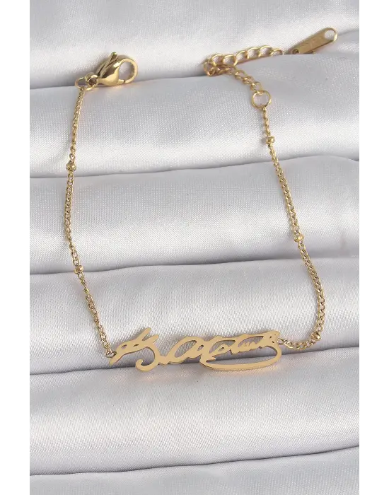 316L Çelik Gold Renk Atatürk İmza Model Kadın Bileklik