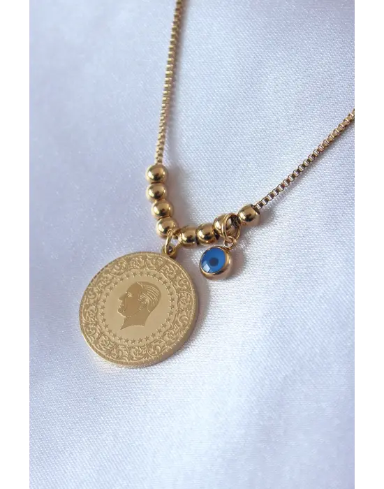  Altın  Atatürk İşleme Nazar Boncuk Detay  Çelik Kolye