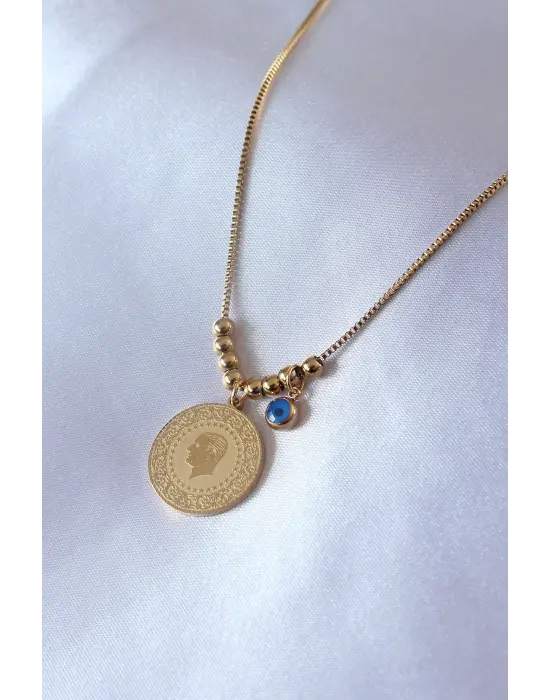  Altın  Atatürk İşleme Nazar Boncuk Detay  Çelik Kolye