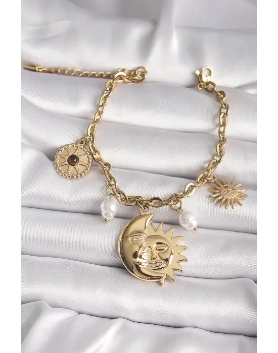 316L Çelik Gold Renk Ay Dede Güneş Figür Güneş Detay Kadın Bileklik