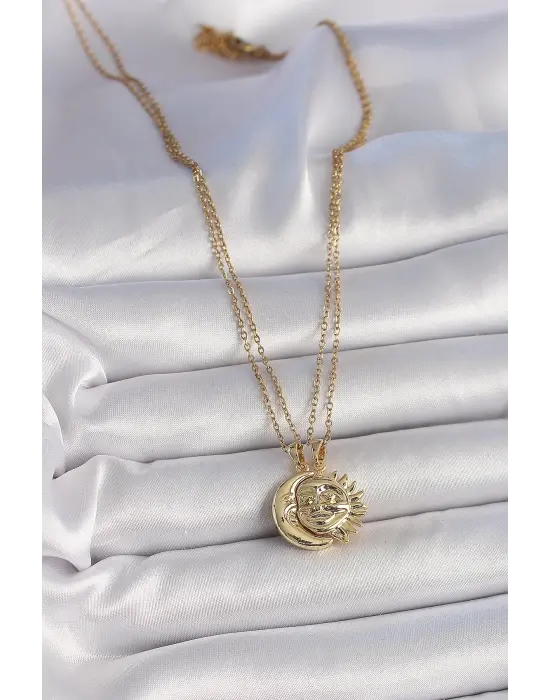 316L Çelik Gold Renk Ay Güneş Model Arkadaşlık Kadın Kolye