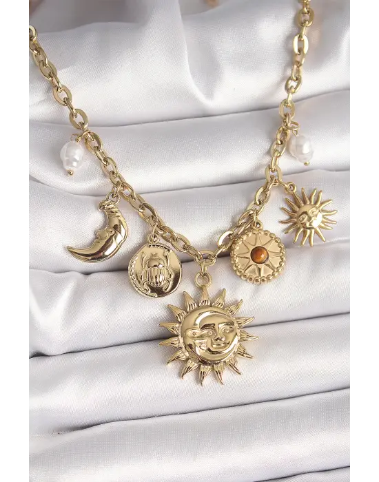 316L Çelik Gold Renk Ay Güneş Model İnci Detay Kadın Kadın Kolye