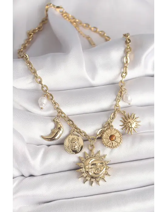 316L Çelik Gold Renk Ay Güneş Model İnci Detay Kadın Kadın Kolye