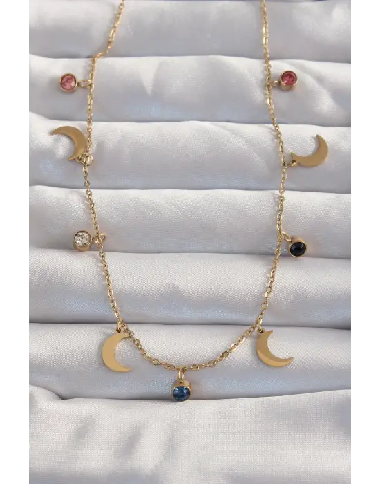  Altın  Ay Model li Zirkon Taşlı Çelik Kolye