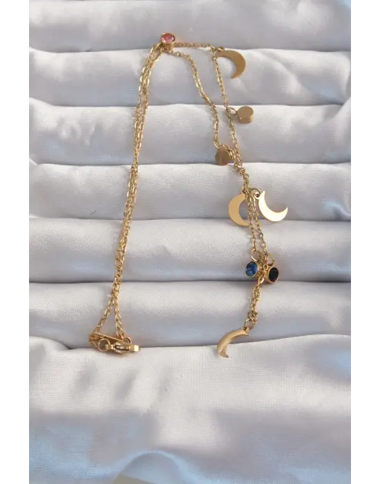  Altın  Ay Model li Zirkon Taşlı Çelik Kolye
