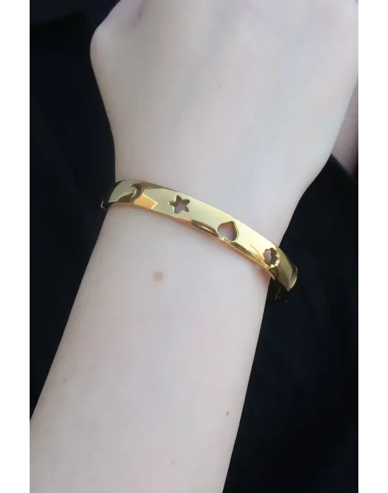 316L Çelik Gold Renk Ay Yıldız İşleme Kadın Kelepçe