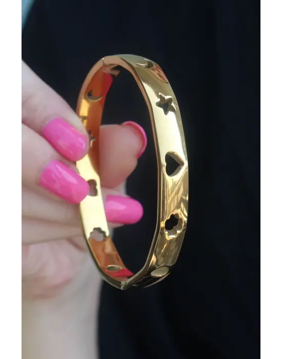 316L Çelik Gold Renk Ay Yıldız İşleme Kadın Kelepçe