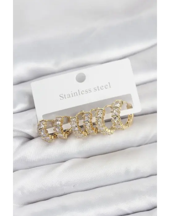 316L Çelik Gold Renk Baget Zirkon Taşlı Halka Küpe Seti