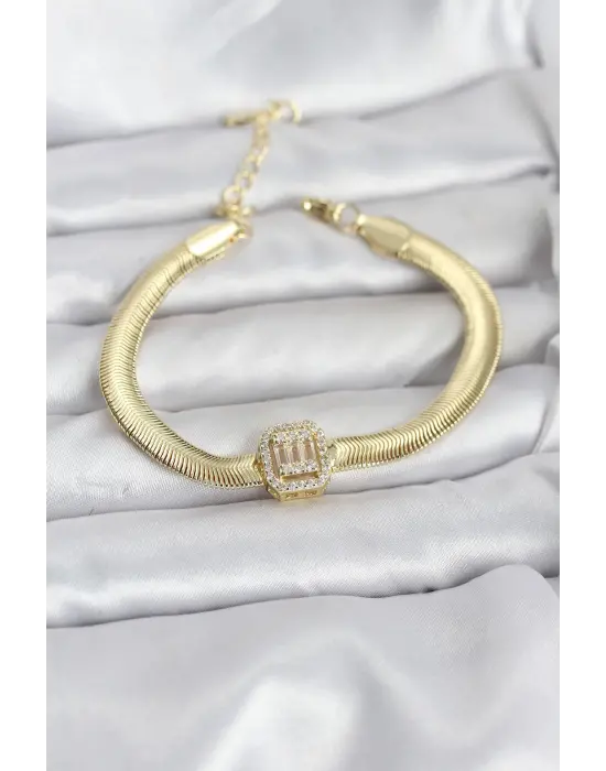 316L Çelik Gold Renk Baget Zirkon Taşlı Yılan Zincirli Kadın Bileklik