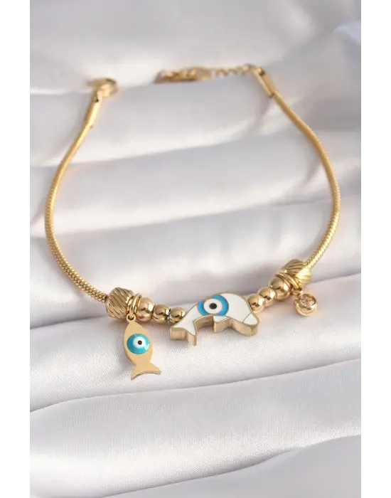 316L Çelik Gold Renk Balık Figür Nazar Boncuk İşleme Kadın Bileklik