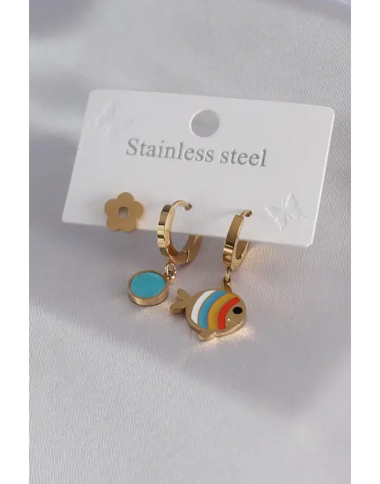 316L Çelik Gold Renk Balık Model Çiçek Detay Kadın Küpe Kombini