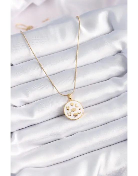  Altın  Beyaz İşlemeli Madalyon Model Vintage  Çelik Kolye