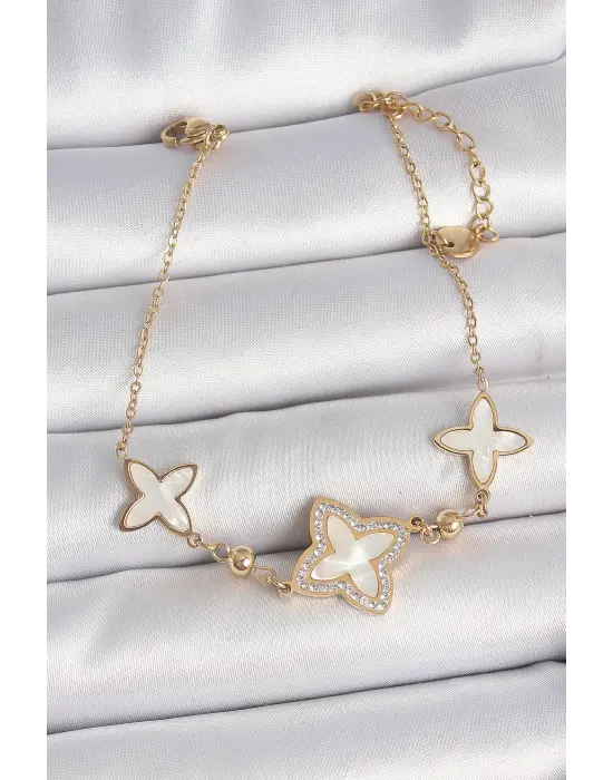 316L Çelik Gold Renk Beyaz Mineli Çiçek Model Zirkon Taş Detay Kadın Bileklik