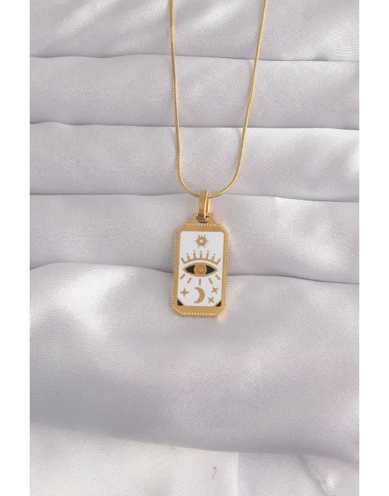  Altın  Beyaz Mineli Göz Figür Tarot Çelik Kolye