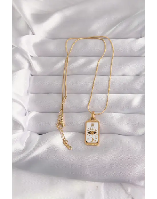  Altın  Beyaz Mineli Göz Figür Tarot Çelik Kolye