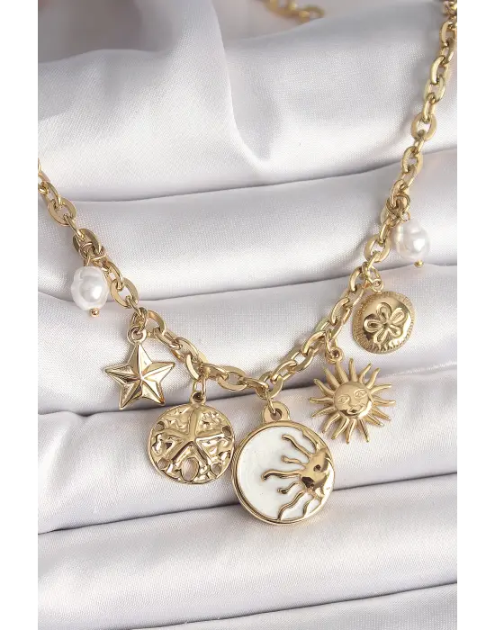 316L Çelik Gold Renk Beyaz Mineli Gün Batımı Figür Yıldız Güneş Detay Kadın Kolye