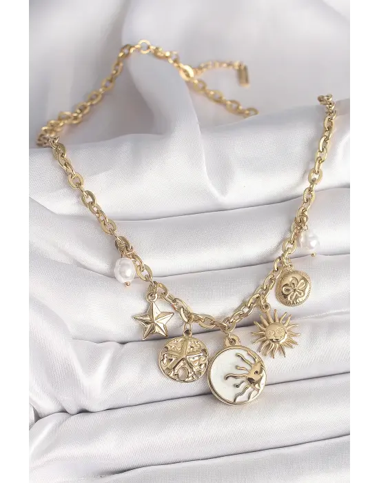 316L Çelik Gold Renk Beyaz Mineli Gün Batımı Figür Yıldız Güneş Detay Kadın Kolye