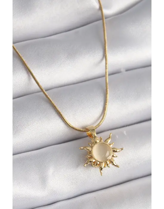  Altın  Beyaz Mineli Güneş Model  Çelik Kolye