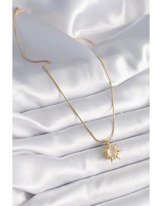  Altın  Beyaz Mineli Güneş Model  Çelik Kolye