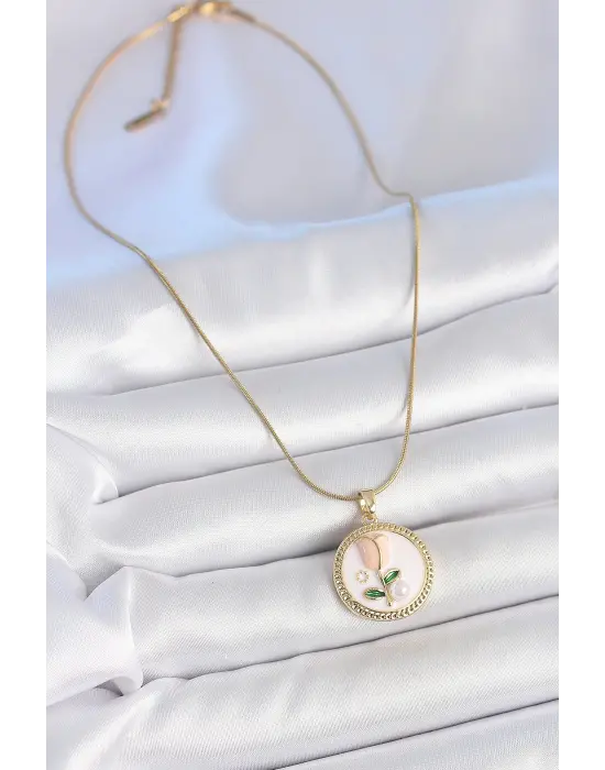 316L Çelik Gold Renk Beyaz Mineli İncili Çiçek İşlemeli Portre Model Kadın Kolye