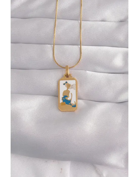 Altın  Beyaz Mineli Kız Figür Tarot Çelik Kolye