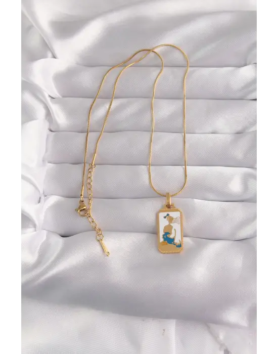  Altın  Beyaz Mineli Kız Figür Tarot Çelik Kolye