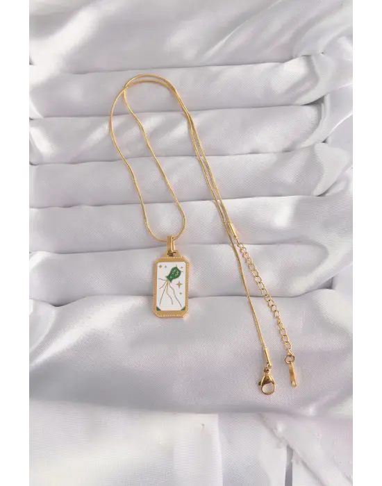  Altın  Beyaz Mineli Tarot Çelik Kolye