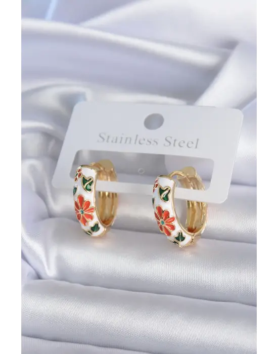  Altın Beyaz Renk Çiçek İşleme Detay Çelik Küpe