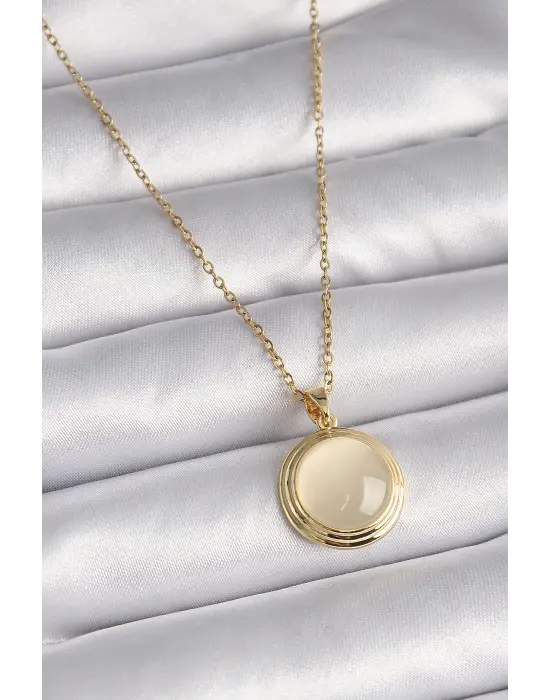  Altın  Beyaz Sedefli Daire Model  Çelik Kolye