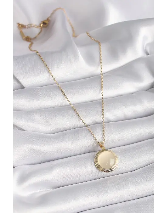  Altın  Beyaz Sedefli Daire Model  Çelik Kolye