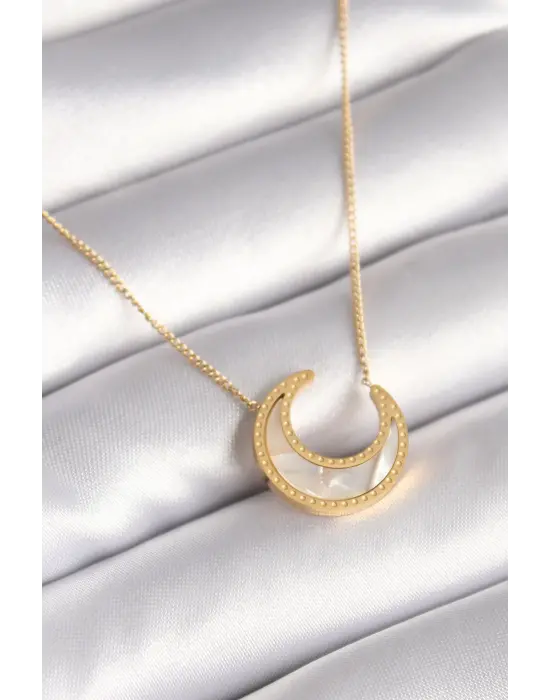  Altın  Beyaz Sedefli Hilal Model  Çelik Kolye