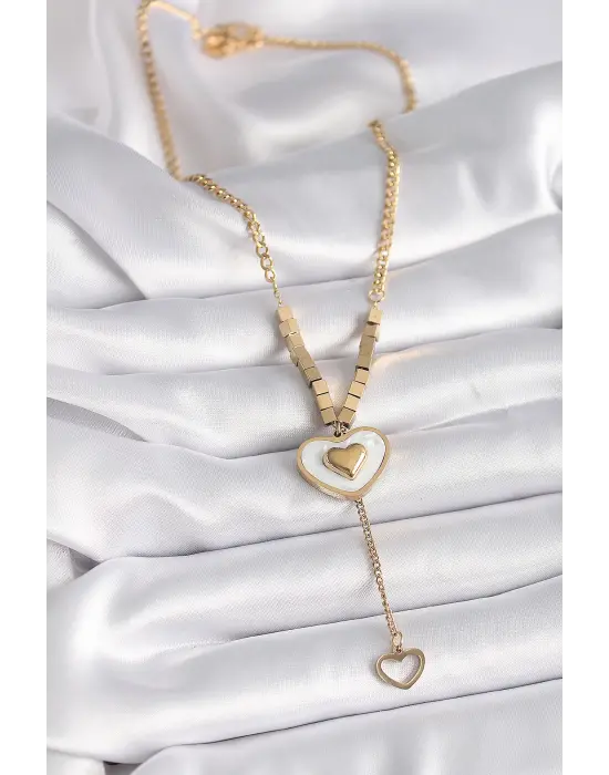  Altın  Beyaz Sedefli Kalp Model Sallantı Detay  Çelik Kolye