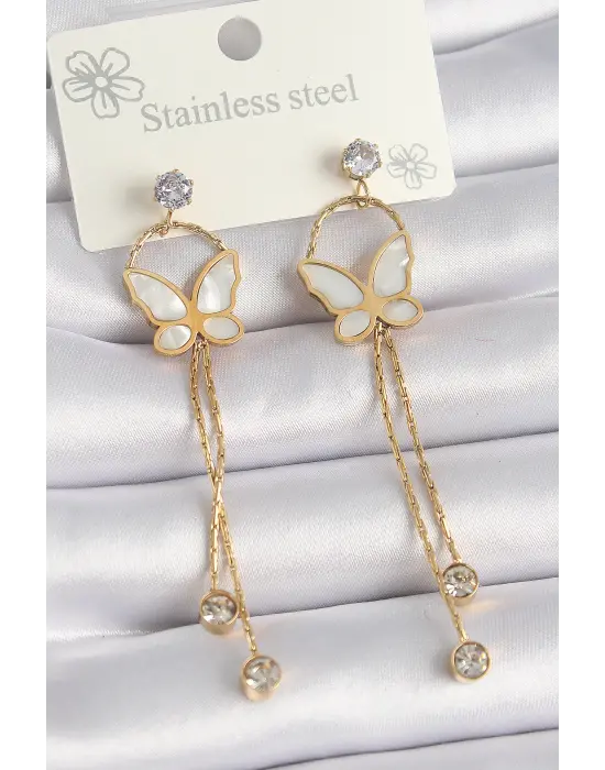   Altın Beyaz Sedefli Kelebek Model Sallantı Zirkon Taşlı Çelik Küpe