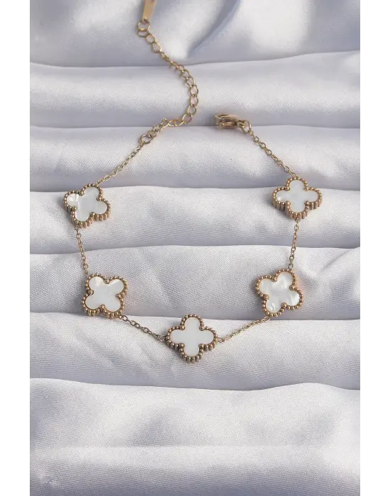 316L Çelik Gold Renk Beyaz Sedefli Yonca Bileklik