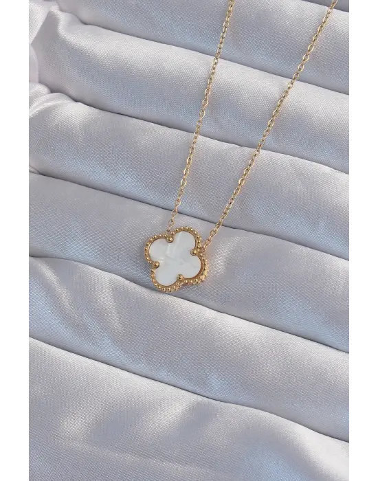  Altın  Beyaz Sedefli Yonca Çelik Kolye