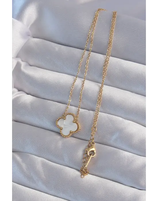  Altın  Beyaz Sedefli Yonca Çelik Kolye