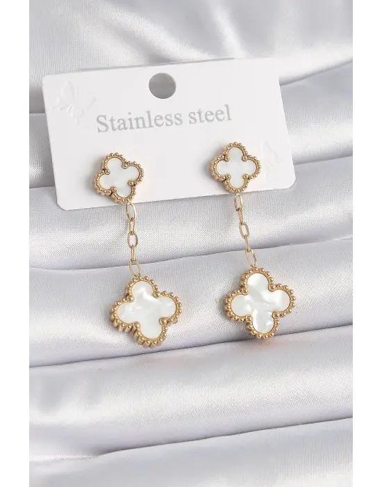   Altın Beyaz Sedefli Yonca Model Çelik Küpe