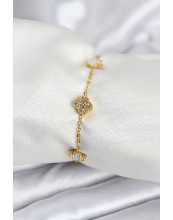 316L Çelik Gold Renk Beyaz ve Zirkon Taşlı Baby Boy Yonca Kadın Bileklik