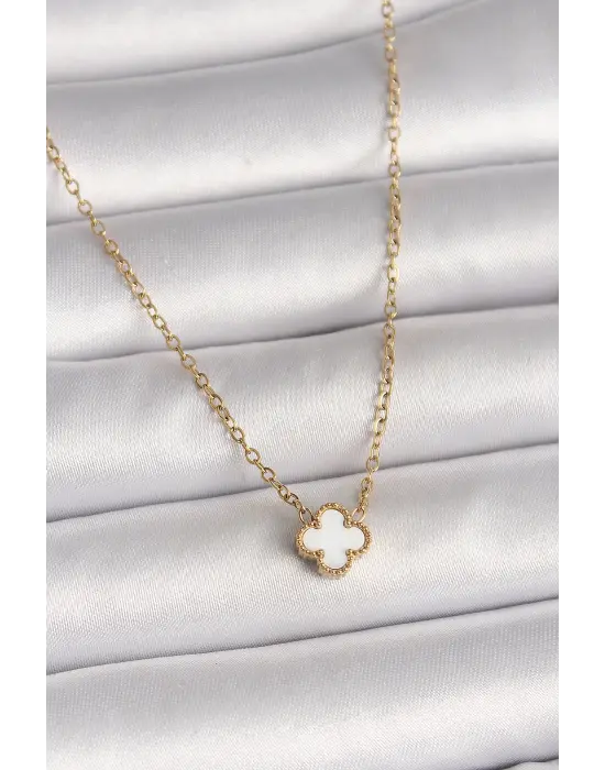 316L Çelik Gold Renk Beyaz Yonca Model Kadın Kolye