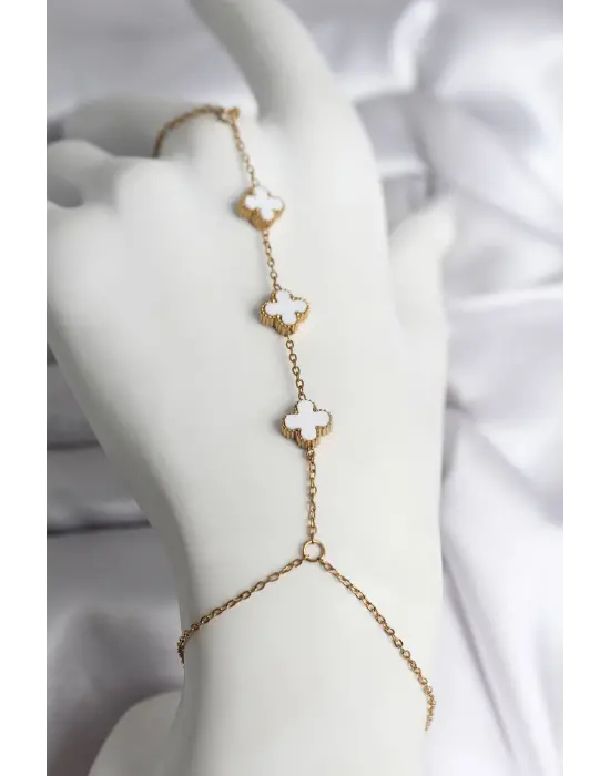 316L Çelik Gold Renk Beyaz Yonca Model Kadın Şahmeran