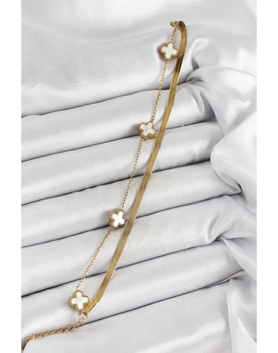 316L Çelik Gold Renk Beyaz Yoncalı 2li Kadın Bileklik