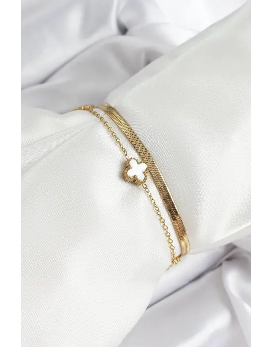 316L Çelik Gold Renk Beyaz Yoncalı 2li Kadın Bileklik